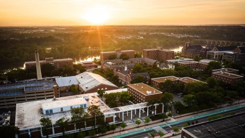 An overhead view of a college campus