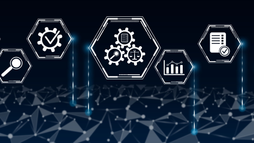 Blue landscape with hexagons floating with icons on them like a magnifying glass, a thermometer, and a chart