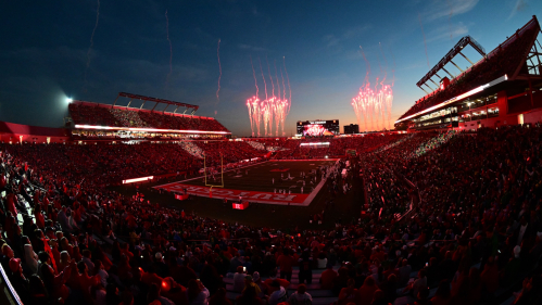 Photo of the Rutgers Football stadium shooting off fireworks during a game