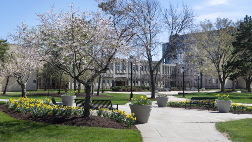 School of Engineering building on the Busch campus in the spring
