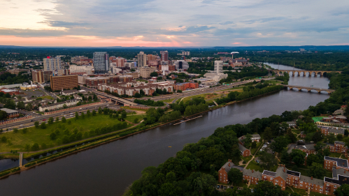 Aerial of New Brunswick, Raritan River, and Bridges
