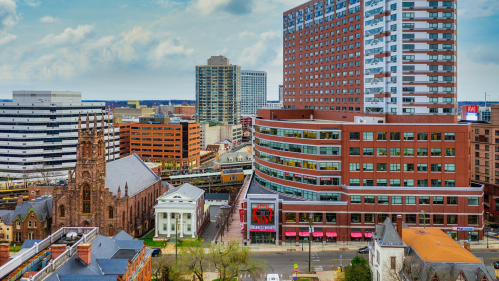 Aerial shot of the city of New Brunswick, NJ