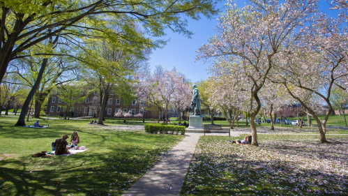 Voorhees Mall surrounding statue of Willie the Silent on an early spring day.