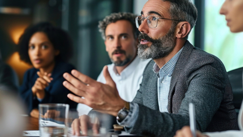 Male in a boardroom speaking to executives