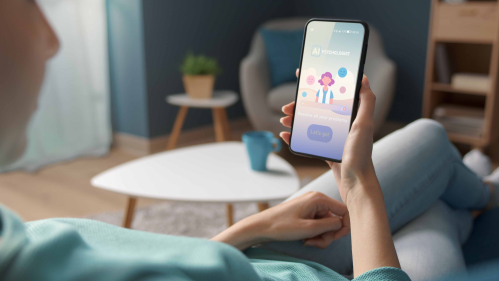a woman holding a phone for online therapy