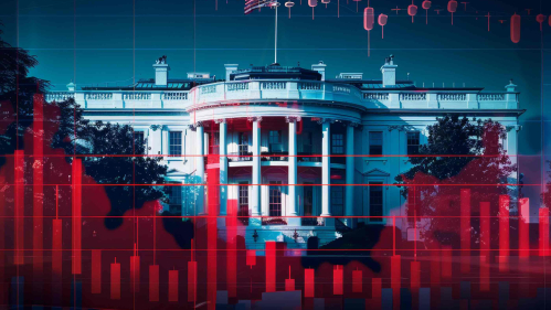 An economic bar graph is superimposed over an image of the White House.