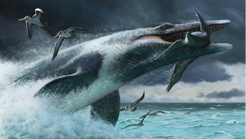 Painting of an ancient sea reptile bursting from the ocean and grabbing a prey