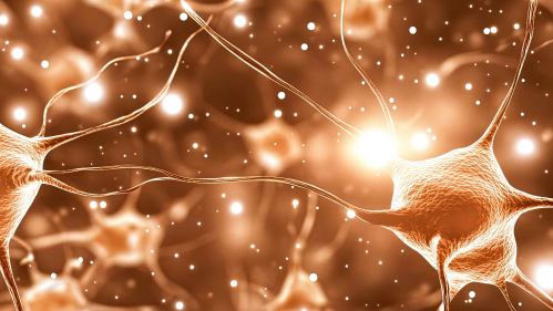 Sepia toned brain cells fill the image with a dark brown background