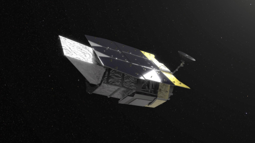 Artist's conception of Roman Telescope, a silver, rectagonal object in space