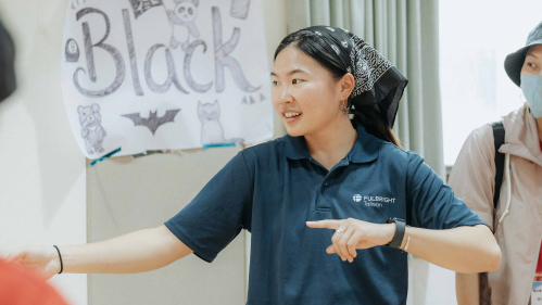 Pauline Kung leads an activity during an English camp on the Matsu Islands in the East China Sea.