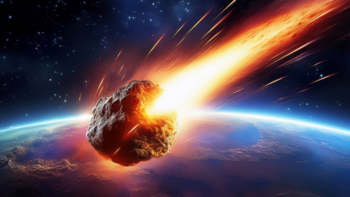 A meteor streams across the sky above Earth.