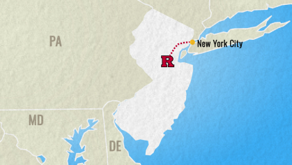 Map of NJ showing Rutgers New Brunswick's proximity to New York City.