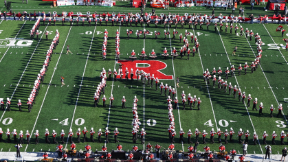 Marching Band in ‘R’ formation during the Scarlet Knights vs. Maryland Military Appreciation Game at SHI Stadium.