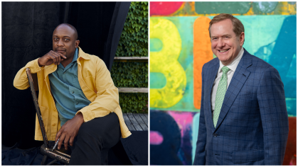Two photos, photo left features a black man in a yellow jacket in a garden. Photo right is a white man in a navy suit in front of a mural.