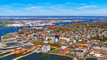 Aerial view of Dry Dock and Repair and Port Newark and Global international shipping containers in Bayonne, New Jersey