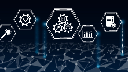 Blue landscape with hexagons floating with icons on them like a magnifying glass, a thermometer, and a chart