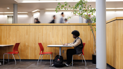 A student in a lounge area on a laptop