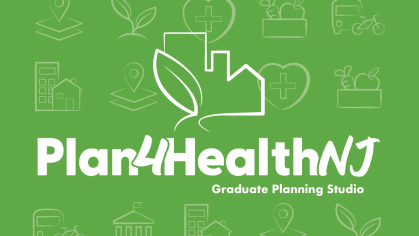 Plan4HealthNJ Graduate Planning Studio in front of a green background with faded symbols