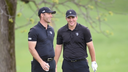 Rutgers Golf Coach Rob Shutte, left, with Gotterup at the 2019 Big Ten Championships