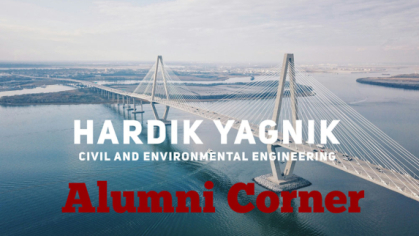 The words "Hardik Yagnik Civil and Environmental Engineering Alumni Corner" with a picture of a bridge in the background