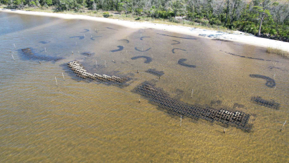 Aerial view of a body of shallow water with a narrow shoreline in the background