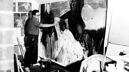 George Segal paints in his studio on his South Brunswick farm.