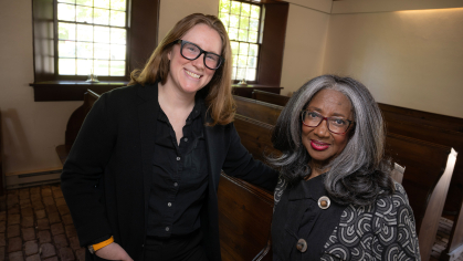 (l. to r.) Kristin O’Brassill-Kulfan, Assistant Professor of History and Director of Public History and Linda Caldwell Epps (DC ’73), a prominent alumna and member of the Board of Trustees, are co-chairing the state's commemoration for the nation's 250th anniversary. 