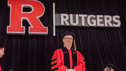 Christopher Markus addresses Rutgers students during Commencement
