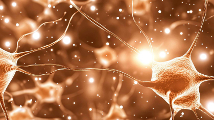Sepia toned brain cells fill the image with a dark brown background
