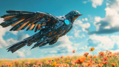 Blue metallic robotic bird sweeps over a field of sunflowers