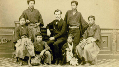 This photograph features American educator William Elliot Griffis (center) with six of his students in Fukui, Japan, circa 1873.