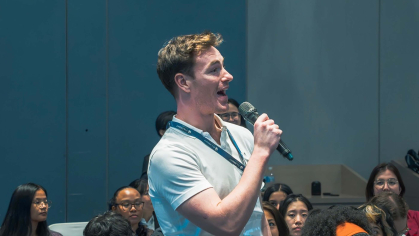 Rutgers graduate Jack Woods asks a question to a Taiwanese director during a Fulbright event in November.
