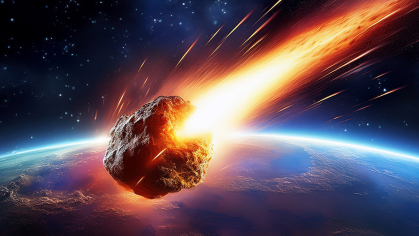 A meteor streams across the sky above Earth.
