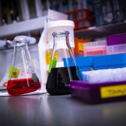 close up of beakers in a laboratory