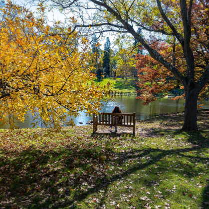 student on bench at Passion Puddle