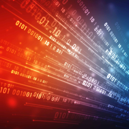 Background that changes from red (left) to blue (right) with streams of digital symbols emanating from bottom right to upper left.