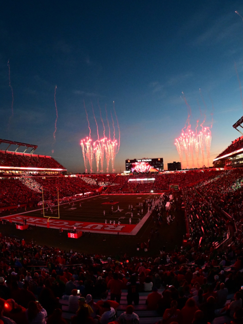 Photo of the Rutgers Football stadium shooting off fireworks during a game