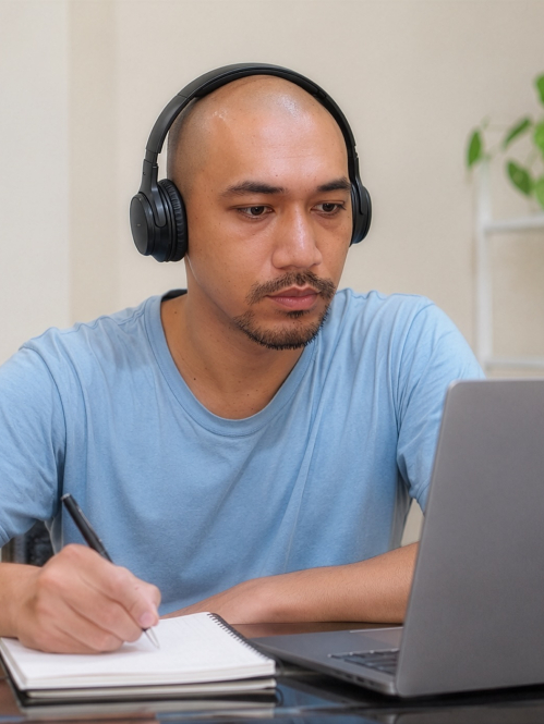Focused adult man taking an online course on laptop while making notes at home 
