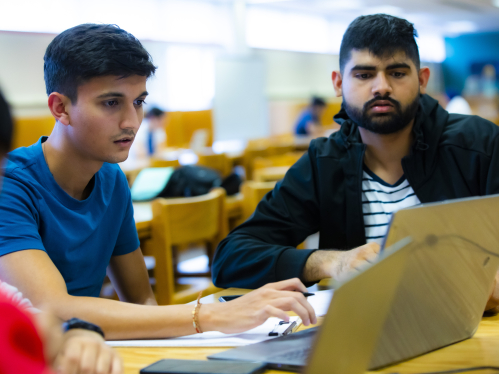 Anvay Patel and Neel Patel use their laptops to study in the Busch Learning Center