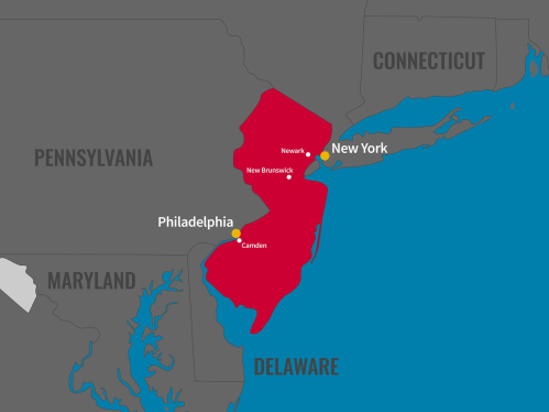 Map of the state of New Jersey, highlighting New Brunswick's proximity to New York and Philadelphia