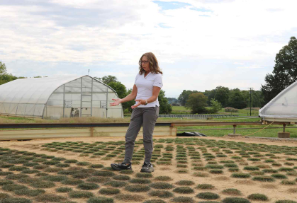 Stacy Bonos, a Rutgers professor with the Department of Plant Biology, explains how researchers are developing drought resistant turfgrass at Adelphia Farm.