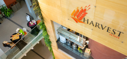 front view of harvest cafe and dining tables