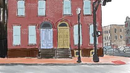 Illustration of a two-story brick building with two doors and a lot of windows