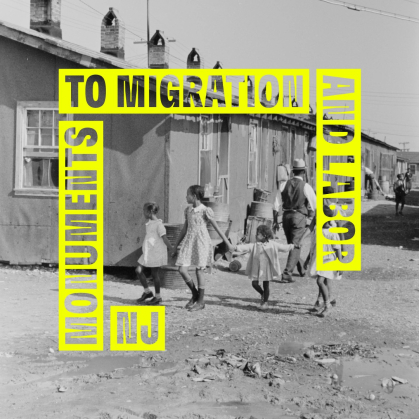 NJ Monuments to Migration and Labor logo in front of a black and white photo of a group of children holding hands