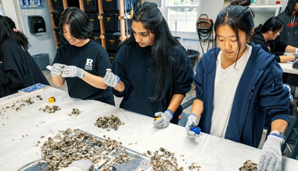 Three students sort shells arrayed before them on a lab table.