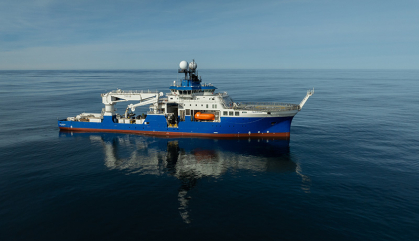Large research ship on the ocean.