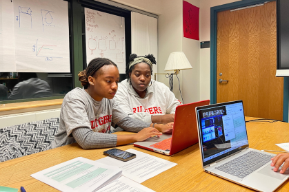 Department of Marine and Coastal Sciences graduate students Mya Sharpe and Leah Hopson answer students’&nbsp;questions in the webinar chat.&nbsp;