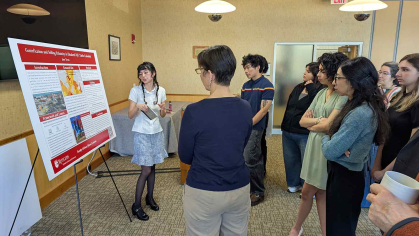 During a Lloyd C. Gardner Policy Conference held in the Rutgers Club on May 5, Jane Teran (left) presented her preliminary research on gentrification in Elizabeth's&nbsp;"Little Colombia" community to several attendees.