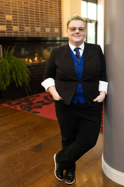 Rutgers senior Rachel Toepfer stands in the lounge area of the Honors College.