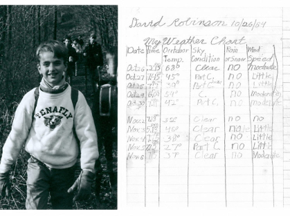 A young boy in a sweatshirt is featured in a black and white photo next to a handwritten log book.